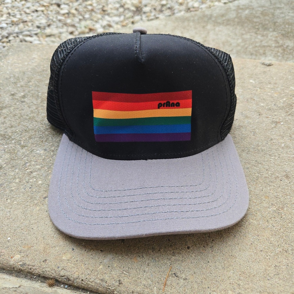 Prana Rainbow Flag Trucker Hat Organic Cotton Black Grey Mesh Snapback Cap GUC